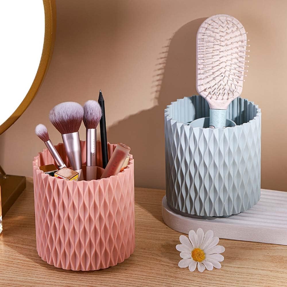 OWLFAVO Rotate Desk Organizer, Spinning Makeup Brush Holder, Pen Holder Stationery, 360-Degree Pencil Accessories Storage Caddy Tray for Beauty, College, Home, Office, 5 Compartments, Pink
