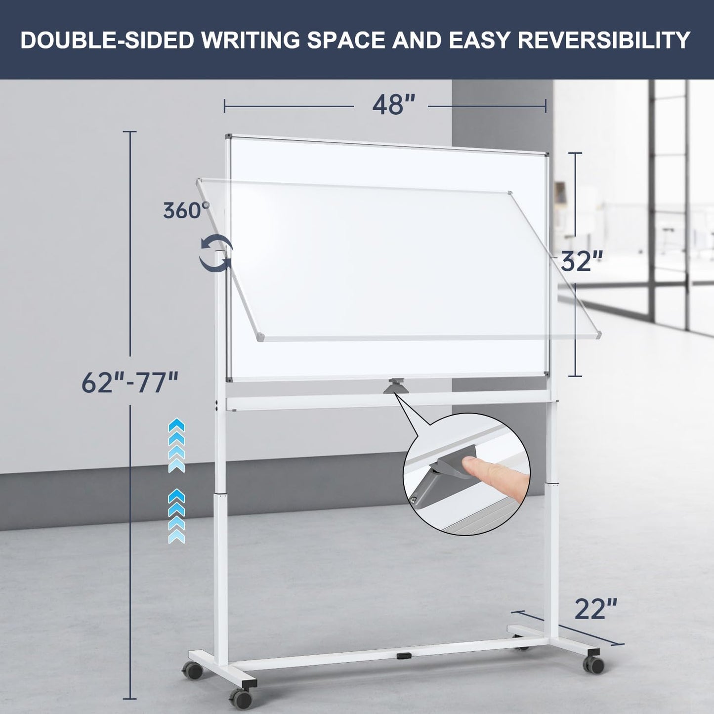White Board on Wheels, 48 x 32 Inches Height-Adjustable Large Rolling Whiteboard, Mobile Magnetic Dry Erase Board with Stand, Double-Sided Standing Whiteboard for Office, Home, Classroom, School
