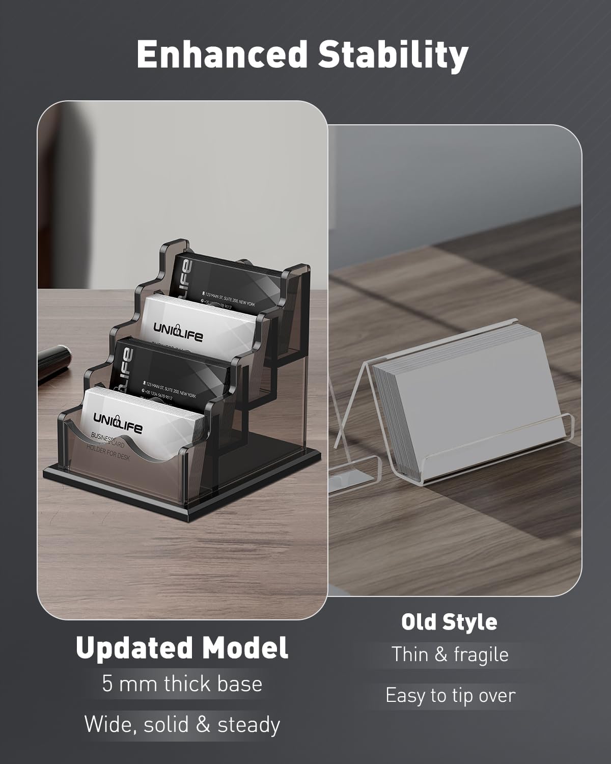 Uniclife Acrylic Business Card Holder for Desk 4 Slots Horizontal Business Card Display Stand for Men and Women Desktop Name Card Organizer Card Stand for Office Home, 240 Card Capacity, Black