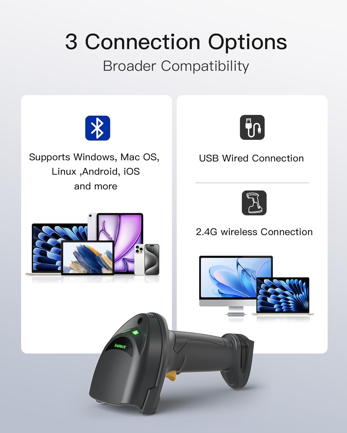 Inateck Wireless Barcode Scanner, 1D/2D QR Code Scanner with Smart Base, Bluetooth/2.4G/USB 3-in-1 Connectivity, Compatible with Windows/iOS/Android/Mac/Linux for Retail/Warehouse/Logistics