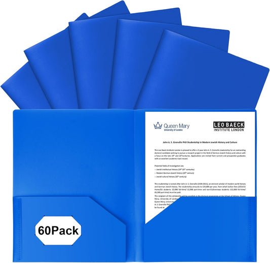60-Pack Plastic Folders with Pockets,2-Pocket Poly Folders Holds 8-1/2" x 11" Paper for School/Office/Home, Blue
