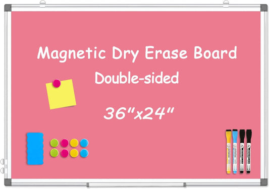 WALGLASS Magnetic Whiteboard 36"x24" Dry Erase White Board for Walls with Pen Tray, Aluminium Frame and Dry-Wipe Writing Surface for Kids' Drawing, Home, and Office (Pink)