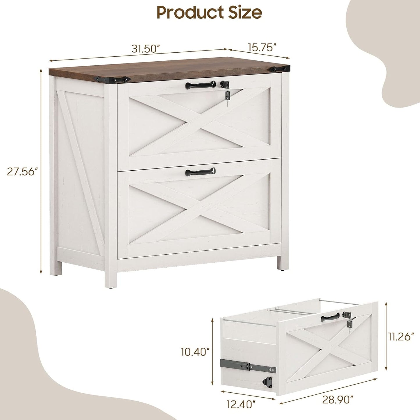 Lateral File Cabinet with 2 Large Drawers, Farmhouse File Cabinet with Lock for Letter/Legal/A4 Size Hanging Files, Wood File Storage Cabinets Printer Stand for Home Office Cabinets, Rustic White