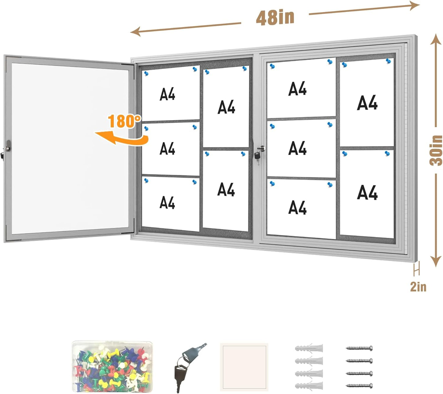 48"x30" Enclosed Bulletin Board, Outdoor Lockable Weather-Resistant Aluminum Cork Noticeboard for School & Office, Silver Frame w/Grey Flet