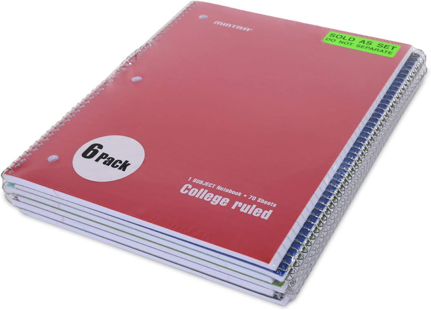 Mintra Office Spiral Notebooks - 1 Subject, Poly Cover, 70 Sheets, College Ruled, 8in x 10in, Bulk Pack, Primary Color Waterproof Covers, Set of 6 - for School, Office, Business, Professional (04659)