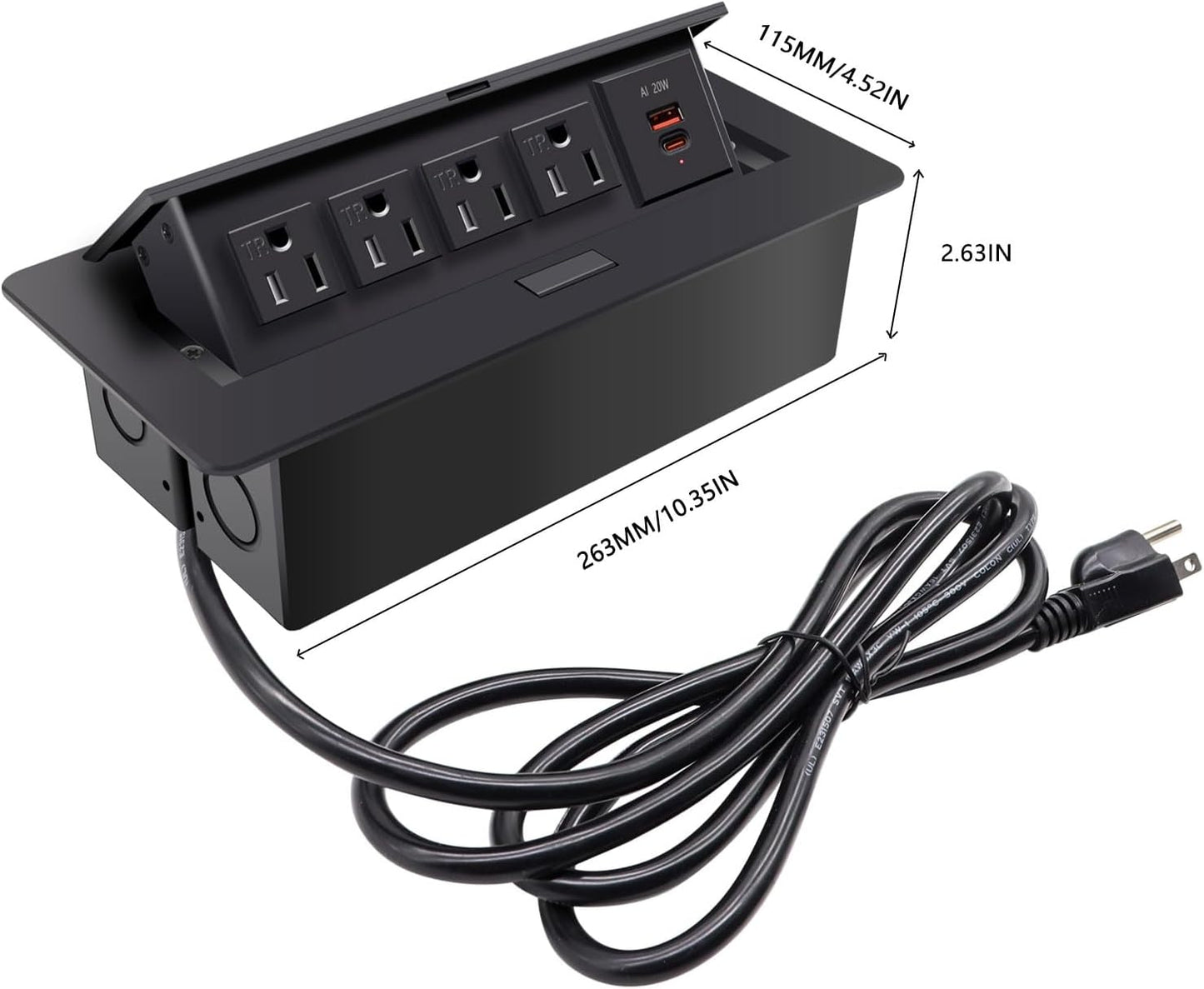 Pop Up Outlet;Pop up Power Strip; Embedded countertop;6.5 Feet 16AWG UL Cable 4 AC Outlets Max Power 1875w USB C PD 20W Fast Charging Used for Home Office Conference, etc (Black)