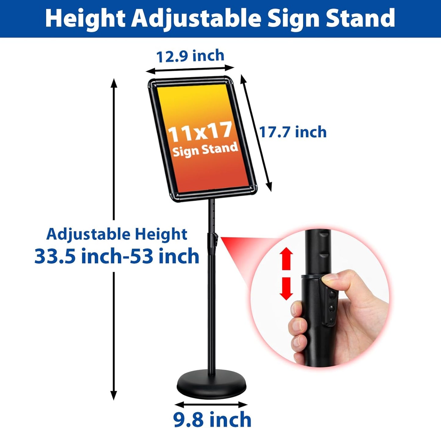 11x17 Inch Adjustable Pedestal Poster Sign Stand, Heavy Duty Floor Standing Sign Holder Stand Aluminum Snap Open Frame for Vertical and Horizontal View Sign Displayed (Black, Round)
