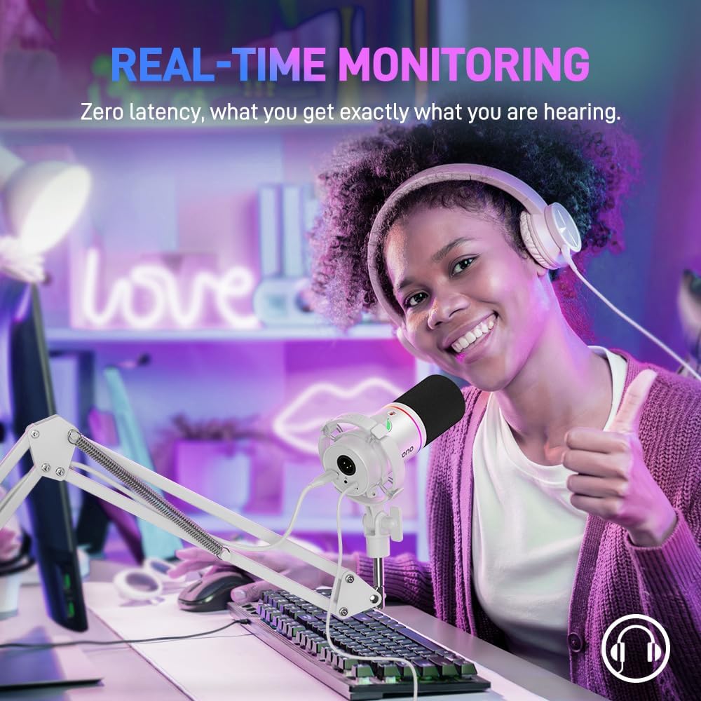 MAONO XLR/USB Dynamic Microphone, RGB Gaming Mic with Software, Mute, Gain Knob, Volume Control and Headphone Jack for Streaming, Podcasting, Recording-PD200X (White)