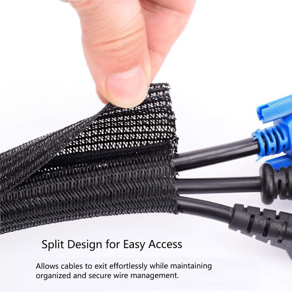 50ft - 1/2 Inch Heavy-Duty Braided Cable Sleeve, Split Wire Loom Tubing Cord Protector for USB/Power/Audio Cables - Flame Retardant, Pet Chew Proof - Black