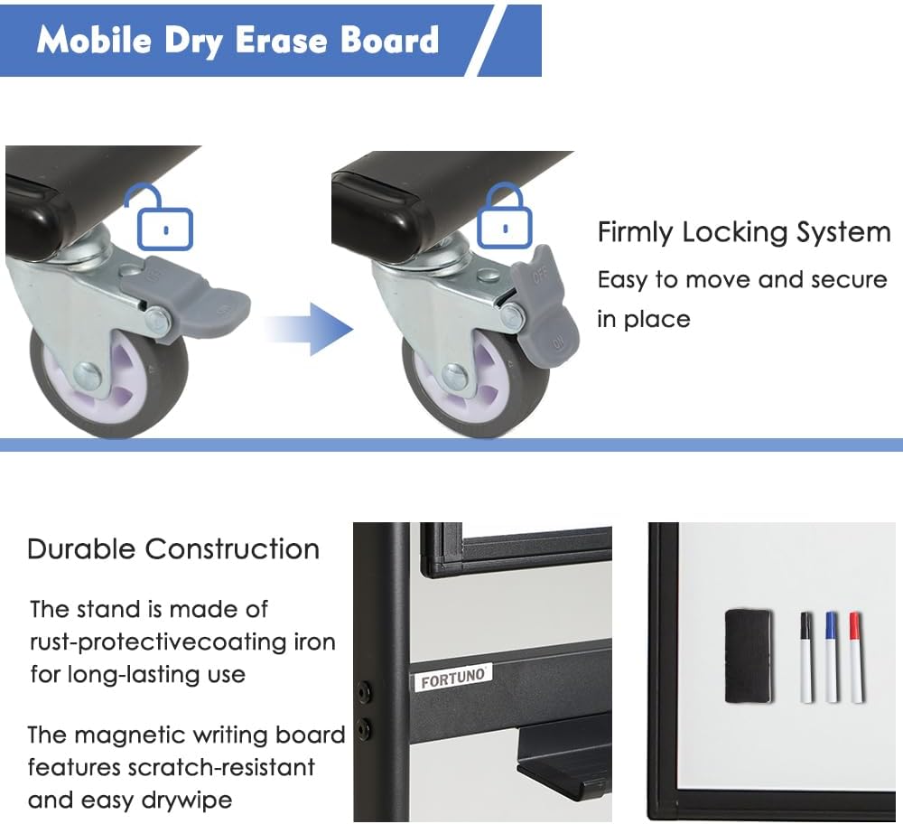 FORTUNO Magnetic Mobile Whiteboard 48"x36", Rolling Double Sided Dry Erase Board with Stand, Reversible Adjustable Height/Angle Easel White Board on Wheels 4' x 3' for Office Classroom Home, Black