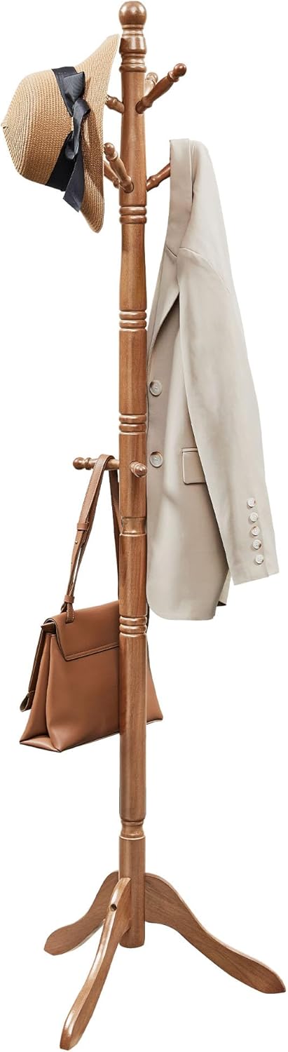 VASAGLE Solid Wood Coat Rack and Stand, Free Standing Hall Coat Tree with 10 Hooks for Hats, Bags, Purses, for Entryway, Hallway, Rubberwood, Caramel Brown URCR03WN