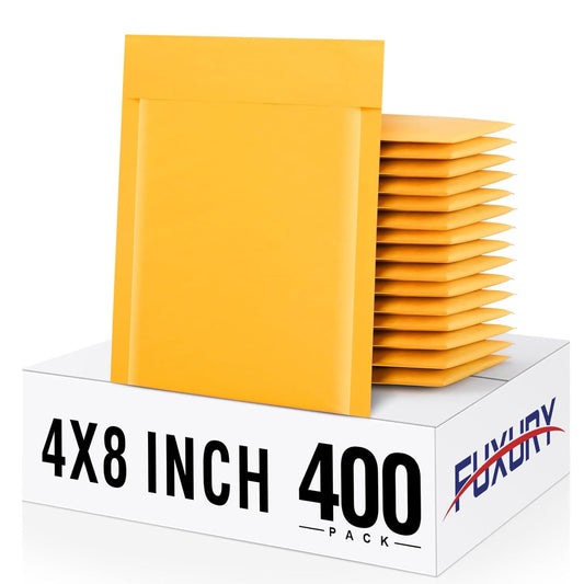Fuxury Kraft Bubble Mailers 4x8" 400Pack Padded Envelopes Thick Bubble Envelopes Usable Size 4x7" Waterproof Cushioned Padded Mailers Packaging for Small Business #000 Yellow