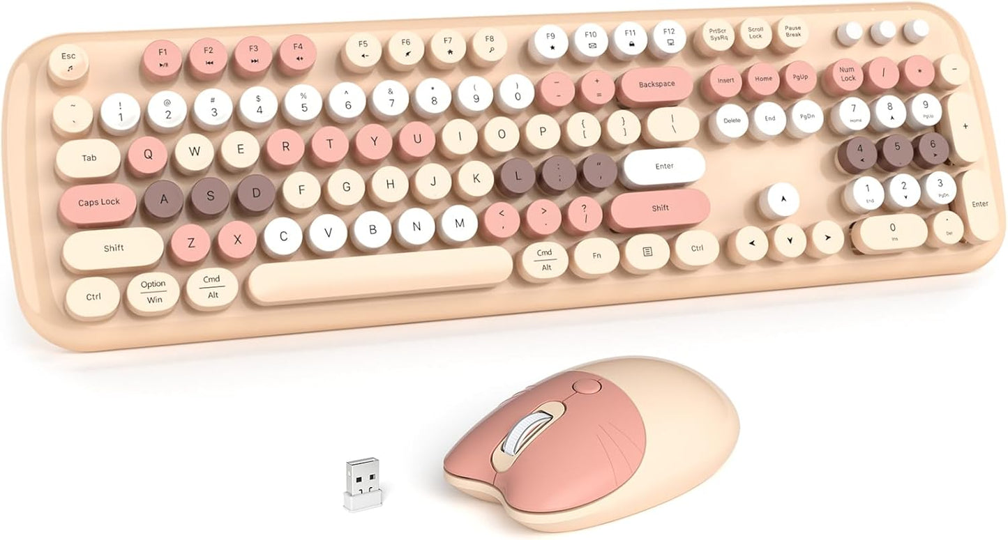 Wireless Keyboard and Mouse Combo for Windows, MOWUX 2.4G Full-Sized External Cordless Computer Keyboard, Compact Mouse, 8 Multimedia and Shortcut Keys, for PC, Laptop - Milk Tea Colorful
