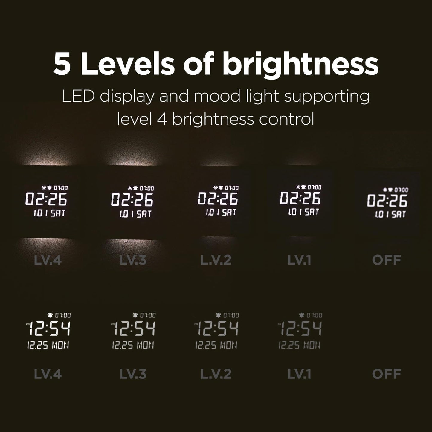 mooas Wooden Frame LED Silent Wall Clock with Remote, Backlit Nightlight, Modern Digital LED Wall Clock Display Sunrise Alarm Melody 5 Brightness for Bedroom Living Room (Wooden Frame Light Brown)