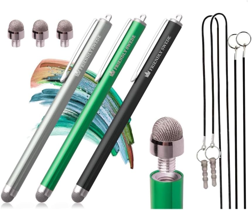 The Friendly Swede Mesh Tip Stylus Pen for Touchscreen — 3-Pack Micro-Knit Capacitive Stylus Pen for iPad & iPhone with 3 Replaceable Fiber Tips, Elastic Lanyards & Screen Cleaning Cloth