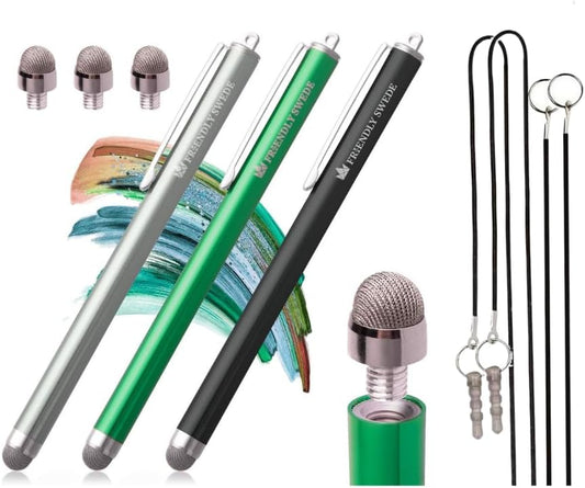 The Friendly Swede Mesh Tip Stylus Pen for Touchscreen — 3-Pack Micro-Knit Capacitive Stylus Pen for iPad & iPhone with 3 Replaceable Fiber Tips, Elastic Lanyards & Screen Cleaning Cloth