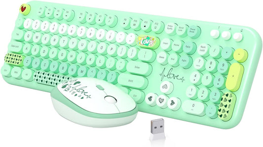 Wireless Keyboard Mouse Set,MOFII 104 Round Keys Lovely Retro Cute Colorful Computer Typewriter Keyboard and Mouse for PC/Mac/Laptop/Tablet/Computer/Windows Green