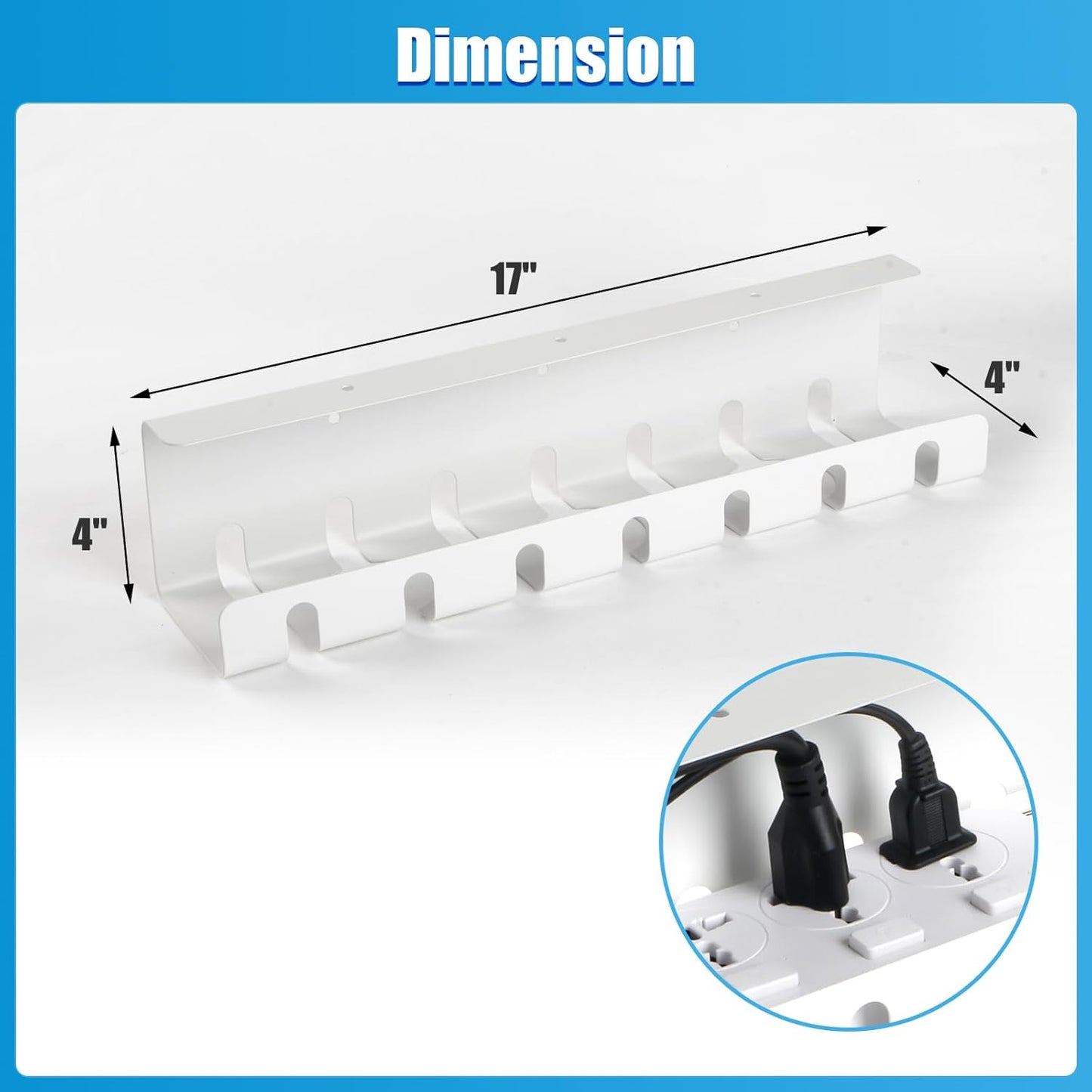 2 Pack Under Desk Cable Management Tray, 17" Wire Organizer for Power Strip, No Drill or Screw Mount, Easy Install Cord Raceway for Desk & Home, White