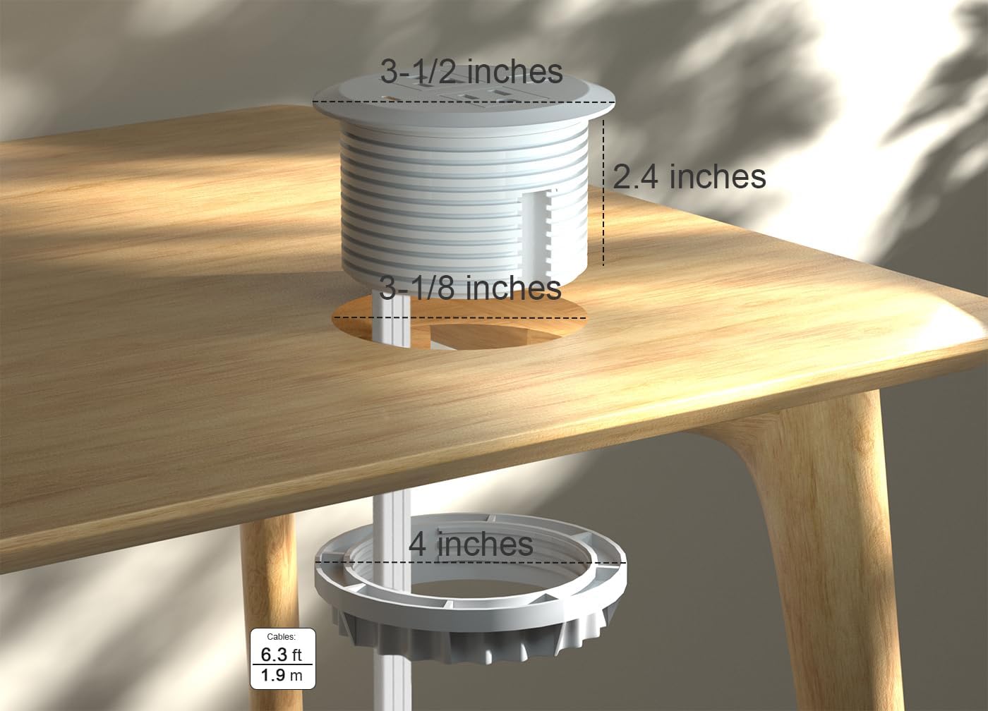 3 Inch Desktop Power Grommet,65W GaN USB C Fast Charging Station,3-USB Port,Flush Mounted for 3-1/8" Holes,Flat Plug.Round Recessed Desk Grommet Outlet for Workspace,Laptops,6.3ft,White