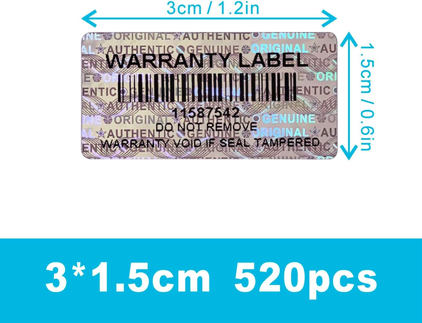 520pcs Tamper Evident Proof Stickers with Barcode Hologram Security Labels Genuine Warranty Seal with Unique Serial Number(1.2 X 0.6 Inch Silver)