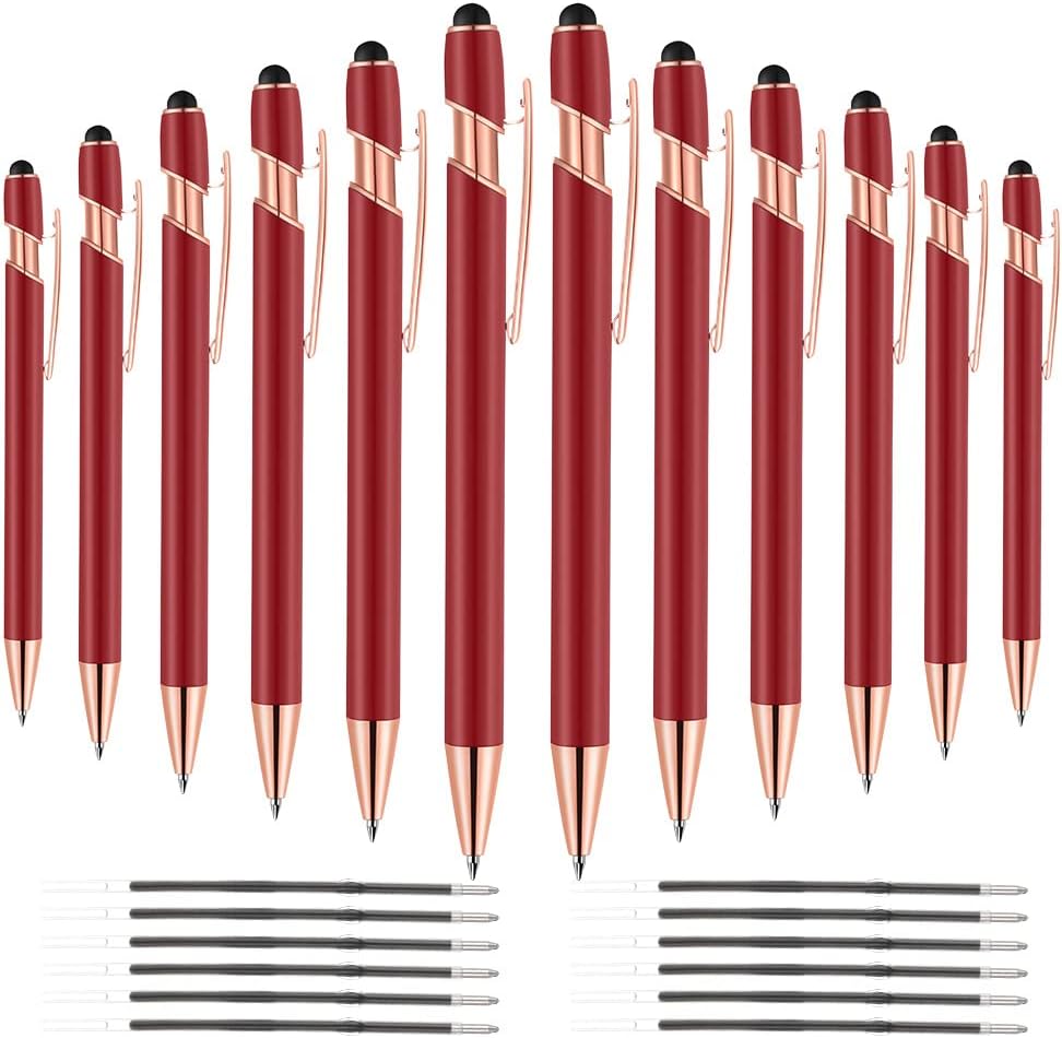 12 PCS 2 in 1 Stylus Ballpoint Pen with Stylus Tip, 1.0 mm Black Ink Metal Pen Stylus Pen for Touch Screens (Rose Gold & Red)