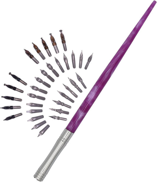 Gullor Resin Dip Pen Handcrafted Calligraphy Set with 33 Nibs for Art, Signatures, Drawing, Caligraphy Kits for Beginners, Fuchsia