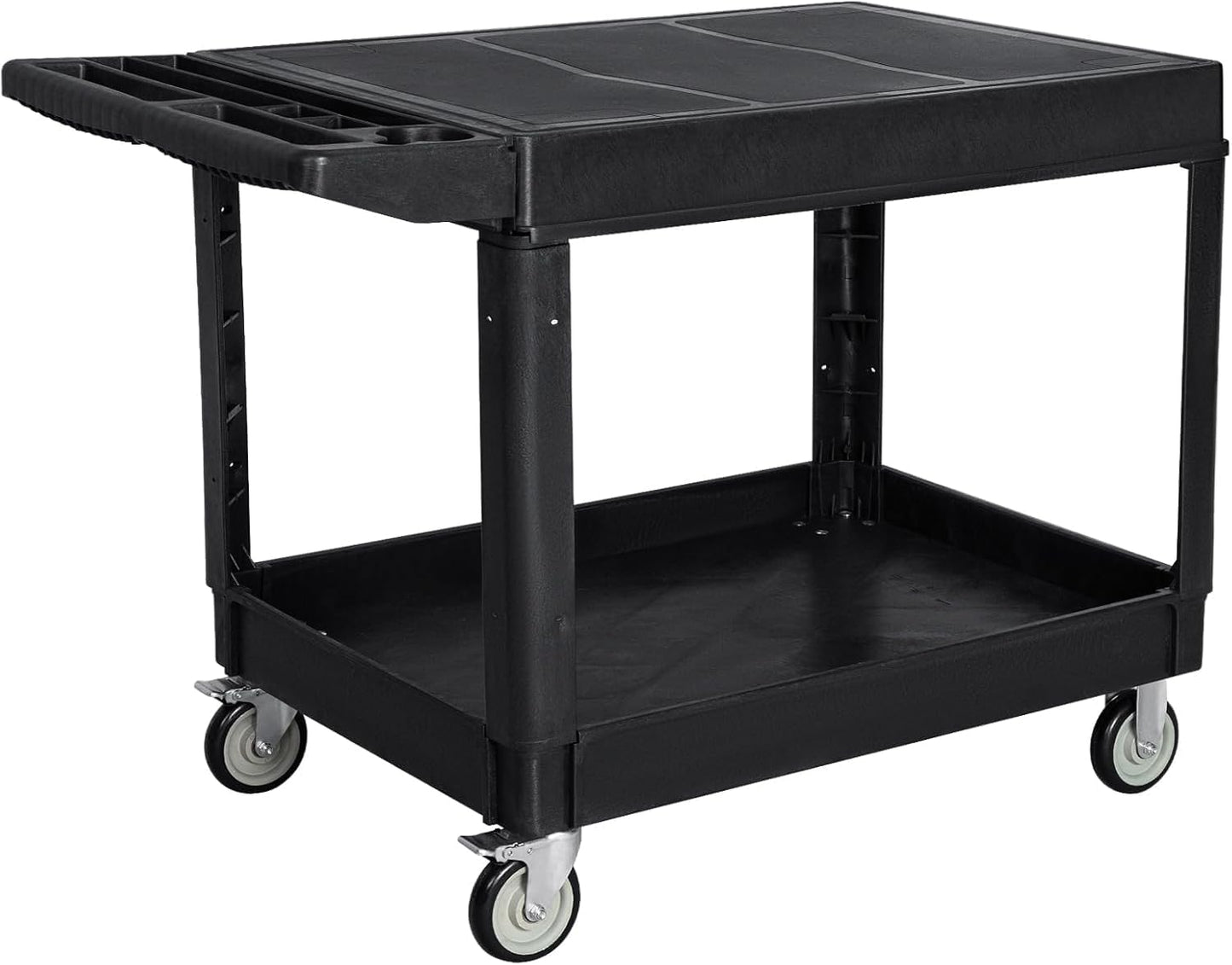 2 Tier Rolling Utility Cart on Wheels, 1000 lbs Capacity Flat Top Plastic Service Cart with Lipped Shelves, 46 x 26-Inch Heavy Duty Work Cart for Warehouse, Garage, Cleaning, Black