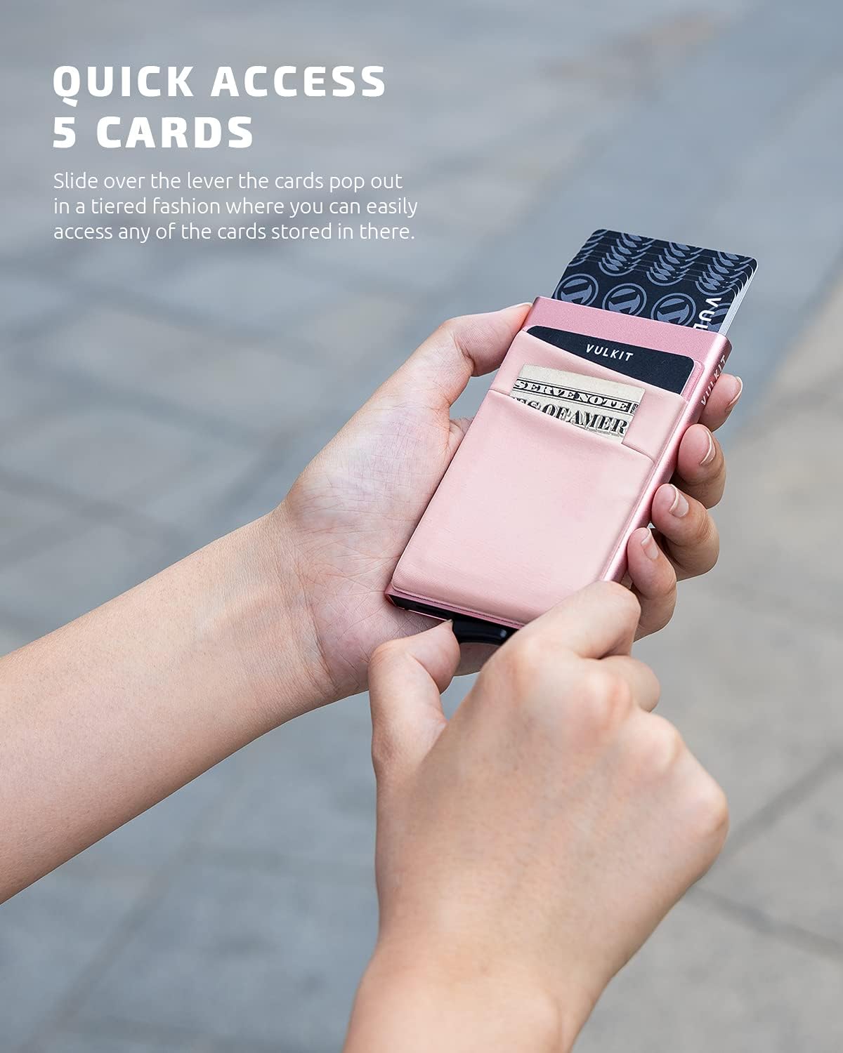 VULKIT Card Holder with Money Pocket Pop Up Wallet RFID Blocking Slim Metal Bank Card Case Holds 5 Cards and Notes
