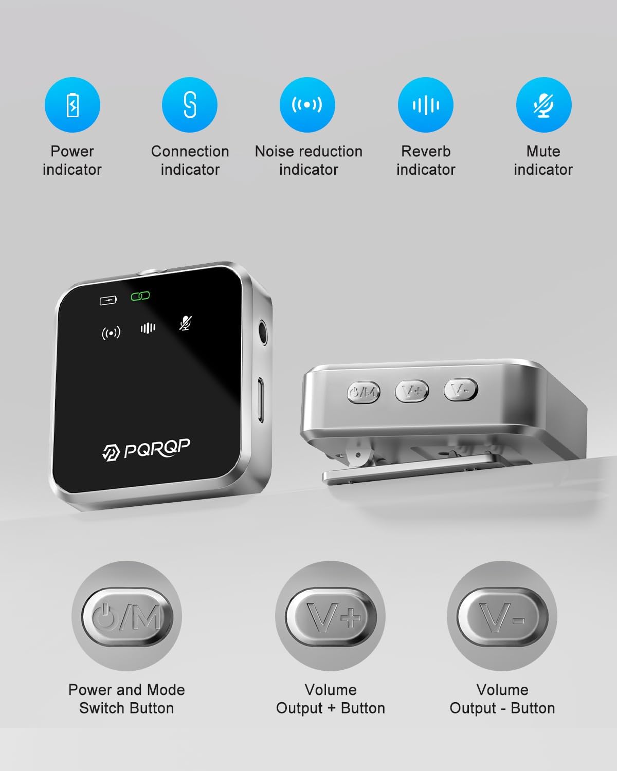 PQRQP 3 in 1 Mini Microphone for iPhone, Android, Camera | 328ft Range & 18H Battery | Noise-Canceling Mini Mic for Interviews, Content Creation, TikTok (Metallic Silver)