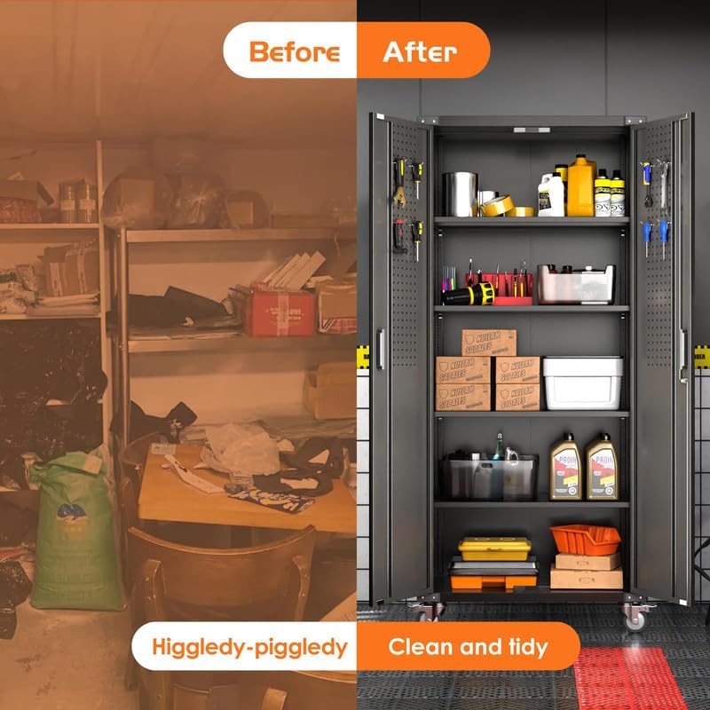 Aobabo Garage Storage Cabinet with Wheels,72" H Metal Storage Cabinet with 2 Doors and 4 Adjustable Shelves for Garage Home, Black,Required-Assembly