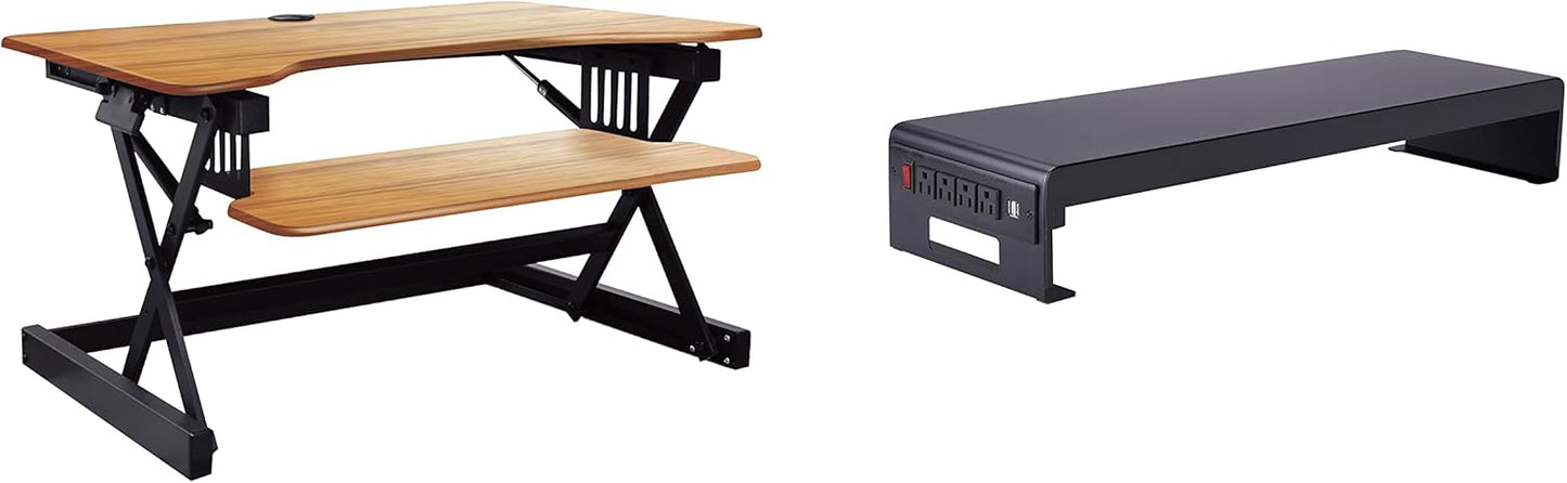 Rocelco 40" Large Height Adjustable Standing Desk Converter with Dual Monitor Stand BUNDLE - Quick Sit Stand Up Computer Workstation Riser - Retractable Keyboard Tray - Teak (R DADRT-40-DMS)
