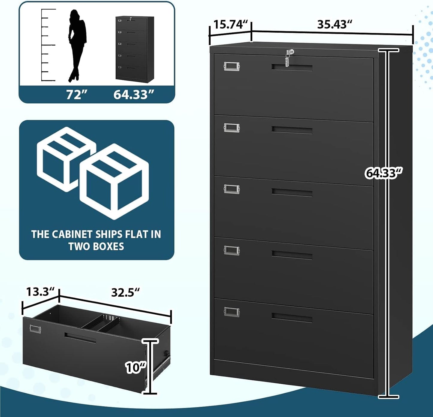 Lateral Filing Cabinet,5 Drawer File Cabinet with Lock,Office Lateral File Cabinets for Legal/Letter A4 Size,Require Assembly, Black