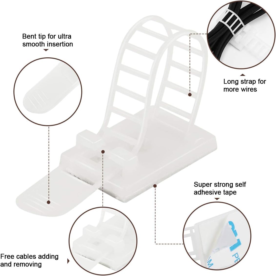 Adhesive Cable Management Clips, 50Pcs Adjustable Nylon Cable Strap Ties Wire Clips Clamps Organizer with Strong Adhesive Tape, Extra Screw & Hole for Strong Fixation Home Office - 3.35 Inch White