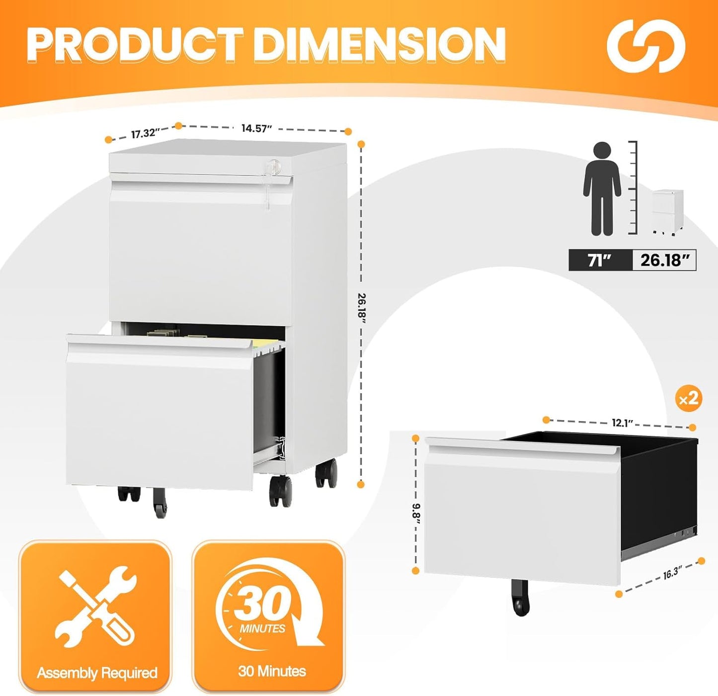 2 Drawer File Cabinet with Lock, Rolling File Cabinets for Home Office, Small Metal Filing Cabinet Office Drawers Under Desk for Letters/Legal/A4 Size, Assembly Required