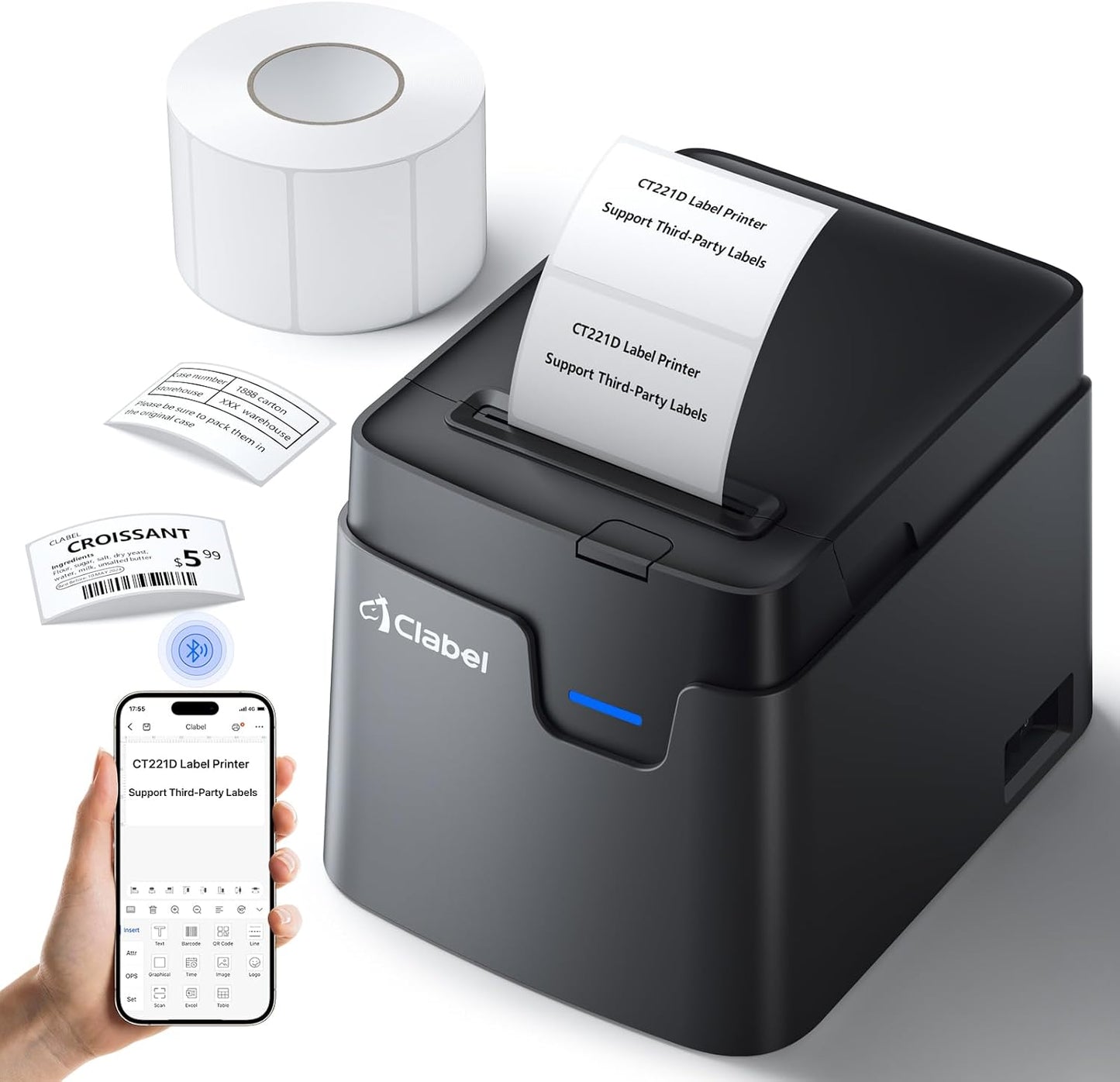 CLABEL Desk Bluetooth Barcode Label Printer: 221D Label Maker with Direct Thermal Printing, 2 Inch Print Width for Barcodes Address Shipping Warehouse with 1 Roll Label