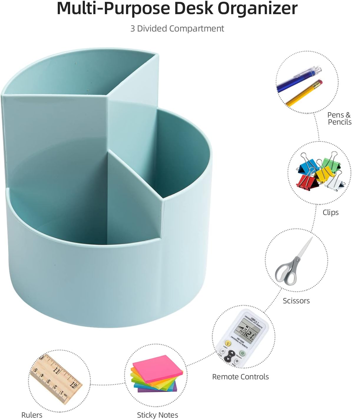 Desk Pencil Pen Holder, 3-Slot 360 Spinning Desk Organizer, Cute Pencil Cup Pot for Office, School, Art Supply - Blue