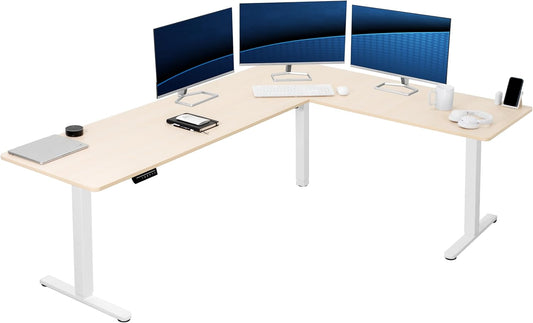 VIVO Electric Corner L-Shaped 84 x 63 in Standing Desk, Memory Height Adjustment, Light Wood Top White Frame, DESK-E3CTWC-84