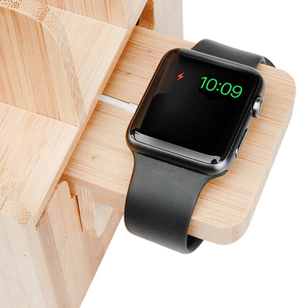 MobileVision Slim Bamboo Charging Station & Compatible Adapter for Apple Watch Multi Device Organizer, Smartphones, Tablets, Laptops & More