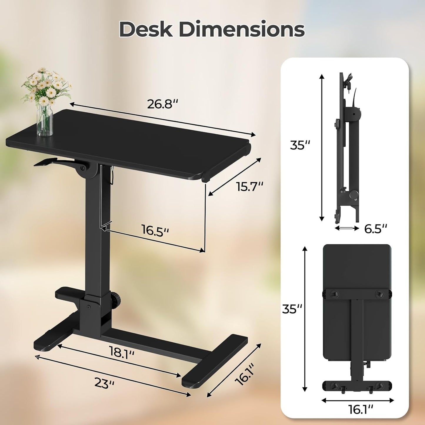 Foldable Mobile Standing Desk, 27 Inch Small Rolling Laptop Cart Height Adjustment, 90° Tiltable Sofaside Table, No Assembly Needed Portable Computer Workstation, Black