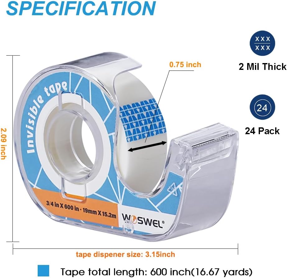 Tape Refills with Dispenser, 24 Roll Invisible Tapes, 3/4 Inch X 600 in, Gift Wrapping Tapes Back to School Supplier for Home School Office Use