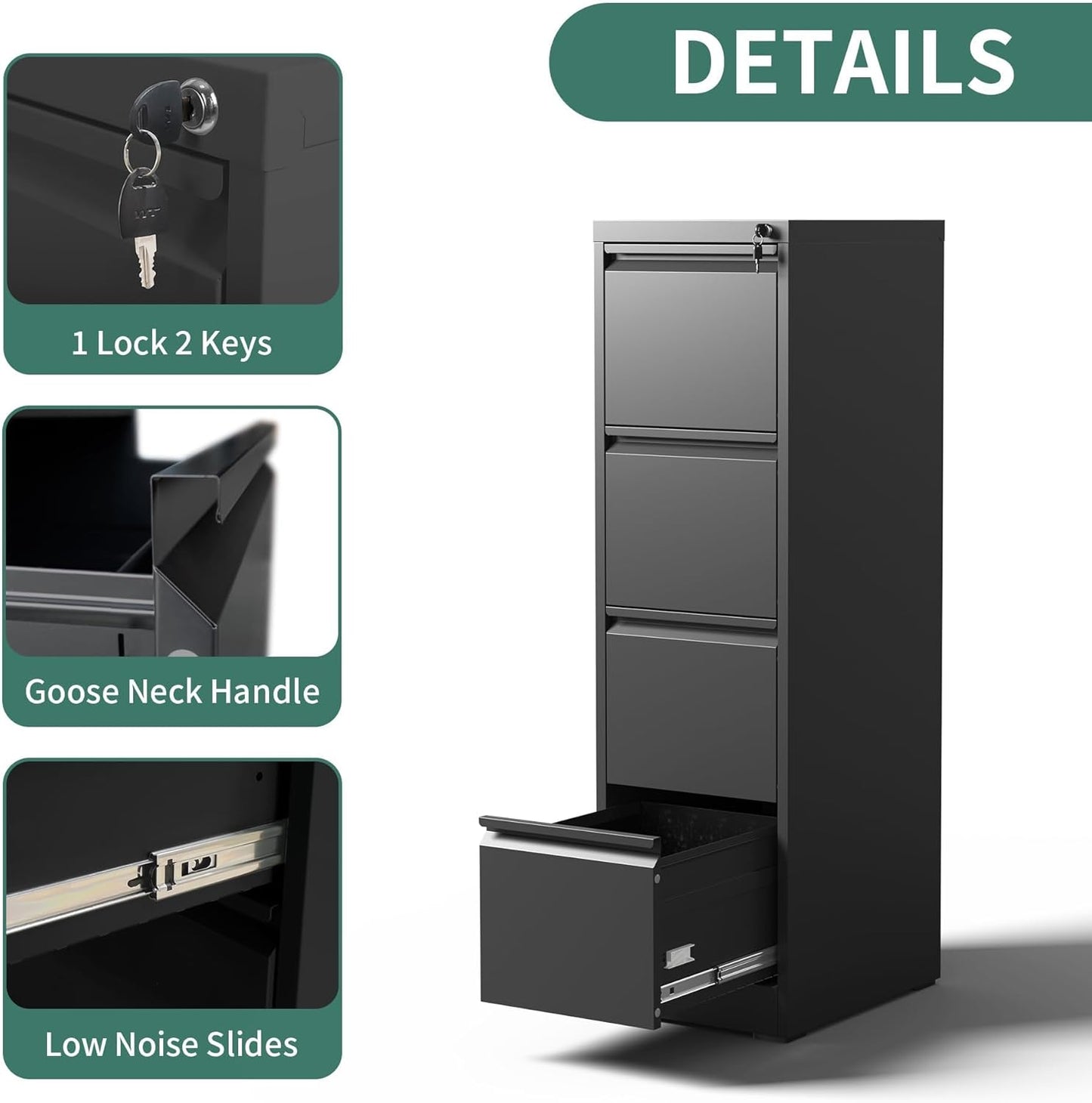 4 Drawer File Cabinet with Lock,Metal Vertical Filing Cabinets for Home Office,Heavy Duty File Storage Cabinet for Letter/Legal/A4/F4 Size File,Assembly Require (Black, Vertical 4 Drawer)