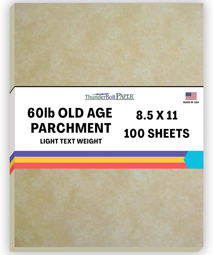 100 Old Age Parchment Paper for Writing - 60# Text (=24# Bond) Sheets - 8.5 X 11 Inches Standard Letter Flyer Size - Not Card Weight - Vintage Colored Old Parchment Look