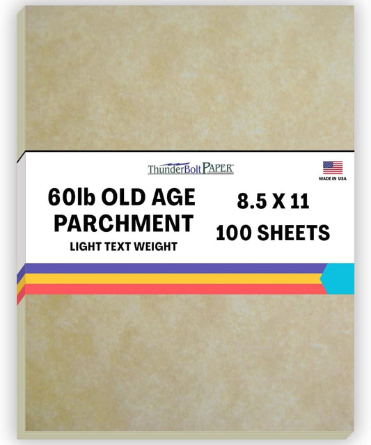 100 Old Age Parchment Paper for Writing - 60# Text (=24# Bond) Sheets - 8.5 X 11 Inches Standard Letter Flyer Size - Not Card Weight - Vintage Colored Old Parchment Look
