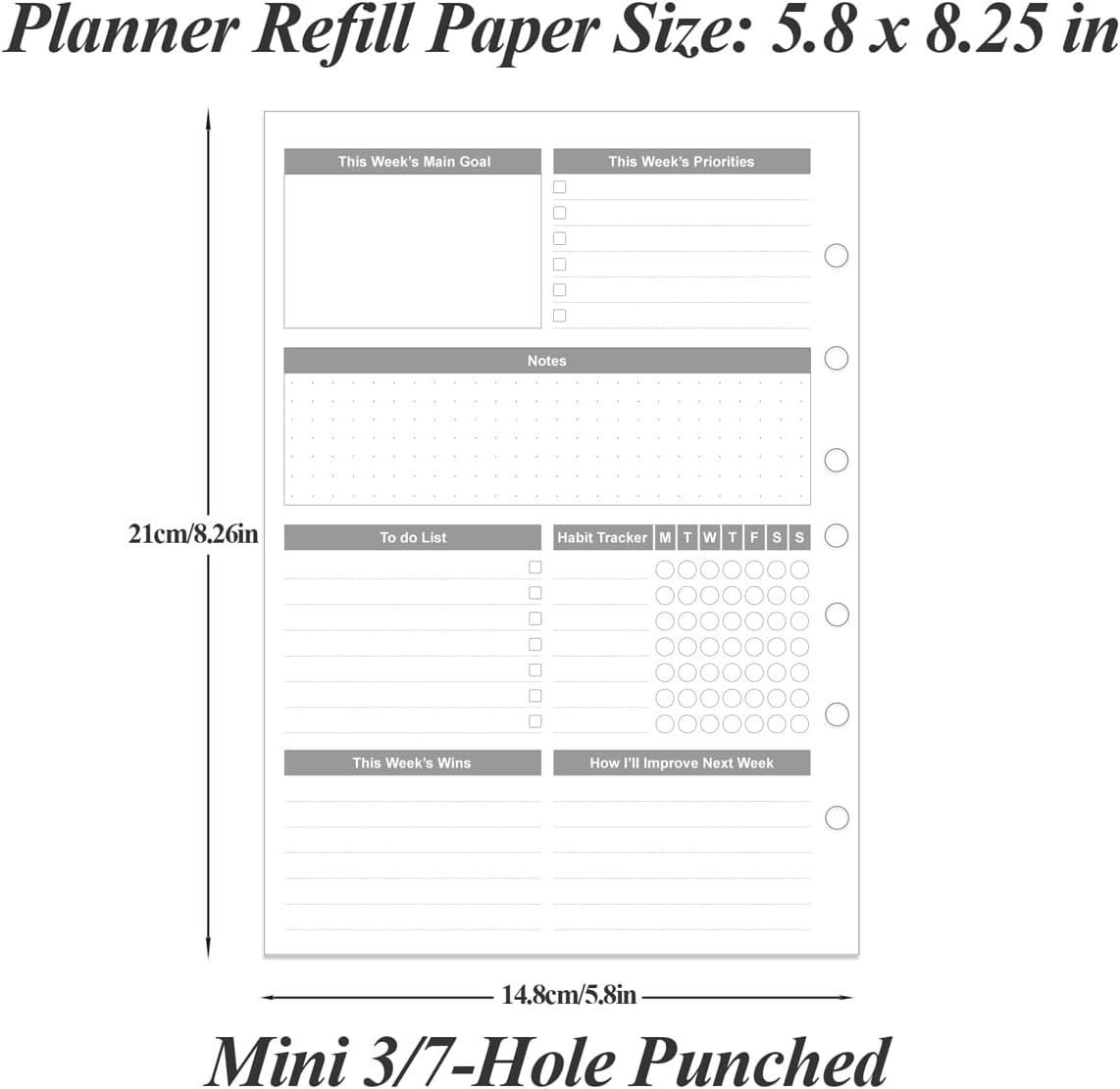 Weekly Planner Refills for 3 or 7 Ring Mini Binders - 53 Sheets/106 Pages Undated Weekly Planner, 100 gsm White Paper, Lasts 1 Year, Undated, 5.8" x 8.3", Black
