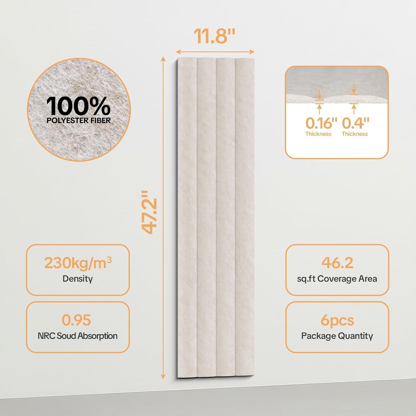 6 Pack Acoustic Panels 3D Wave Sound Proof Foam for Walls, 47.2"x11.8" Self-Adhesive Sound Absorbing Panels for Noise Reduction in Home Office & Studio, Decorative Wall Tiles (Camel)