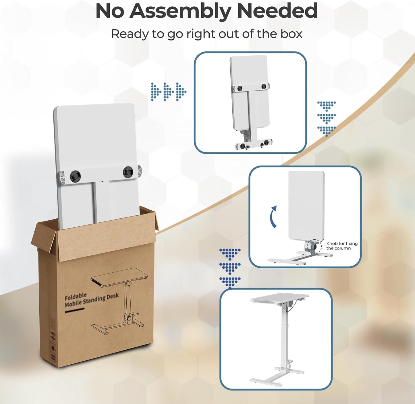Foldable Mobile Standing Desk, 27 Inch Small Rolling Laptop Cart Height Adjustment, 90° Tiltable Bedside Table, No Assembly Needed Portable Computer Workstation, White