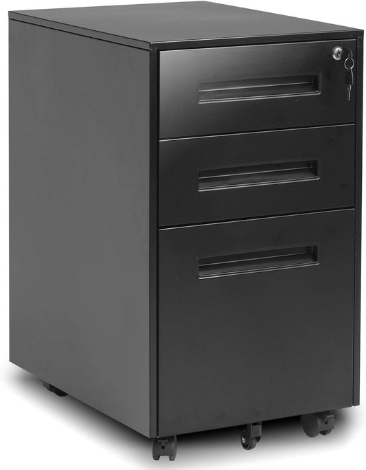 Superday Black 3 Drawer Mobile File Cabinet, Metal Rolling Vertical File Cabinet with Drawers, Small Under Desk Lateral Cabinet for Office and Home, Fully Assembled Except Wheel(B)