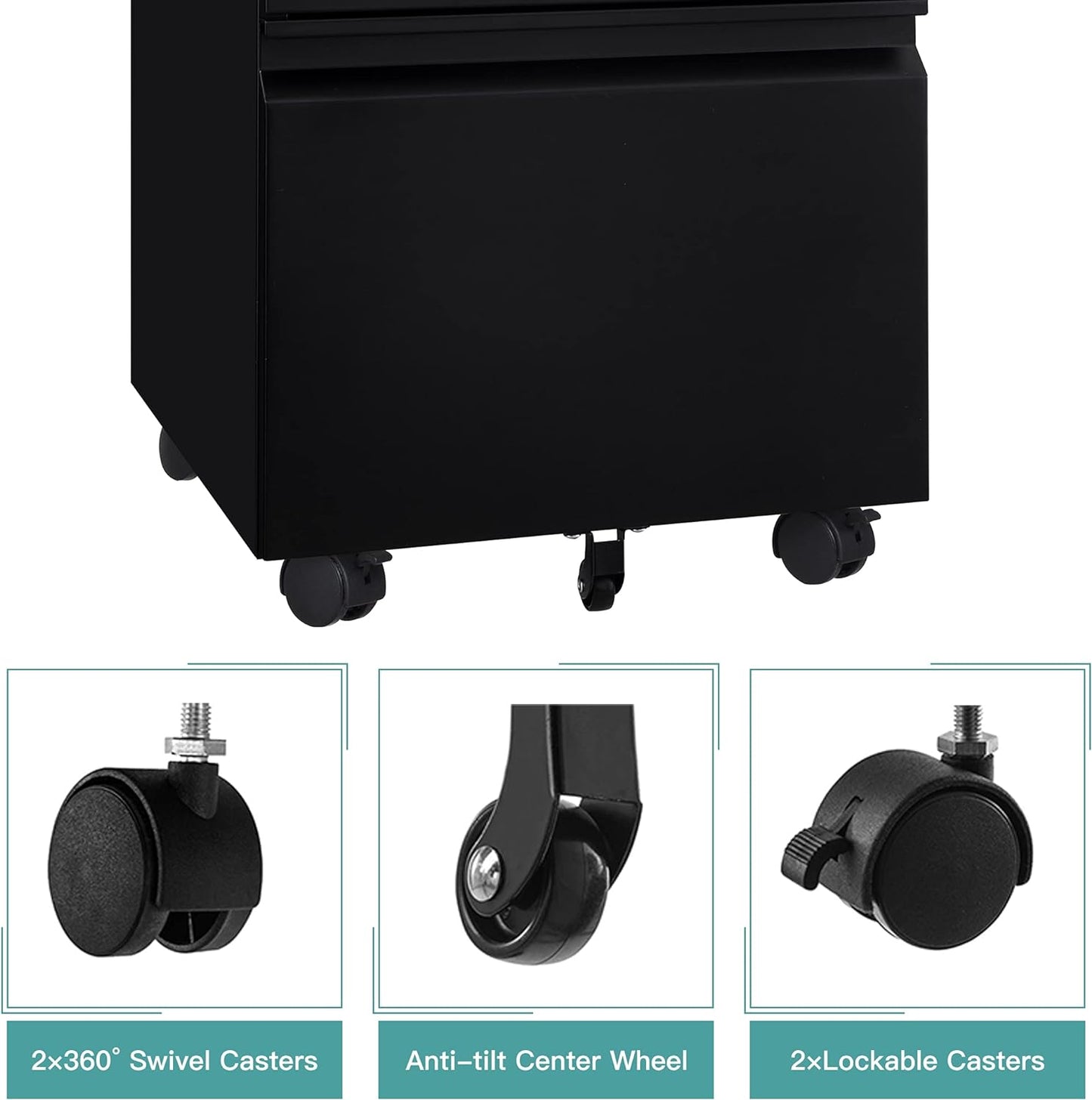 MIIIKO 3 Drawer File Cabinet, Metal Filing Cabinet with Lock Rolling Wheels, Office Storage Under Desk,Deep Drawers for Hanging Legal Letter Fill, Full Assembled Except Casters