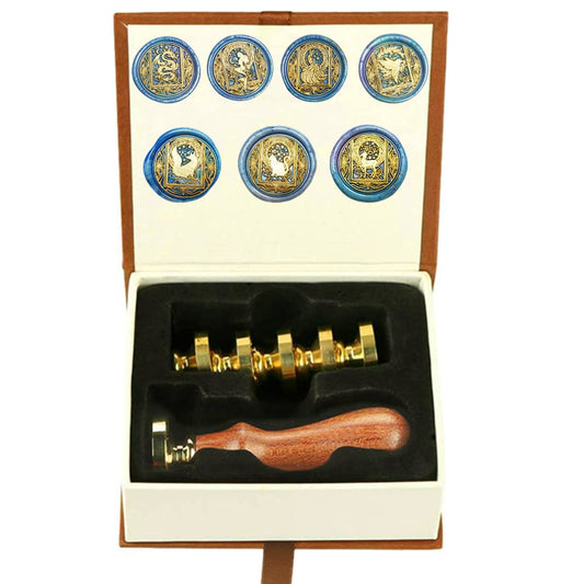 Animal Wax Seal Stamp Set with 7 Removable Brass Heads and 1 Wooden Handle - Dragon, Mermaid, Peacock, Cat Designs for Wedding Invitation Envelopes