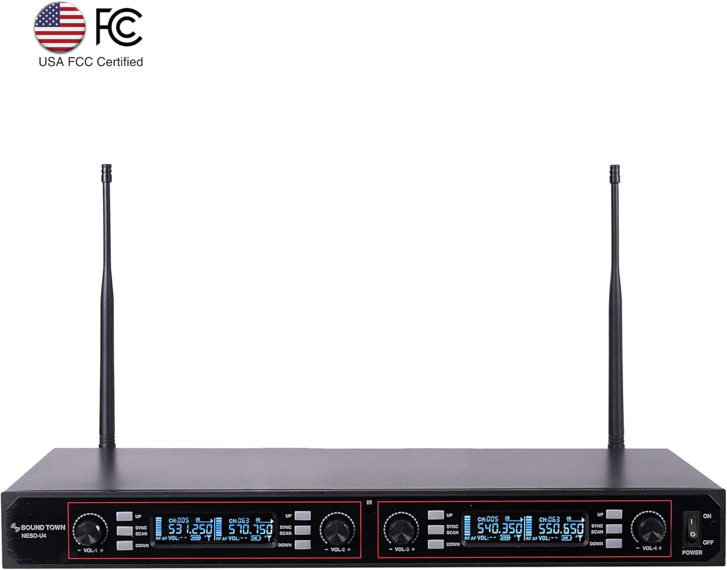 Sound Town 200-Channel Rack Mountable Professional Adjustable UHF Wireless Microphone System with Metal Receiver, 4 Lavalier Mics, 4 Bodypack Transmitters (NESO-U4LL)